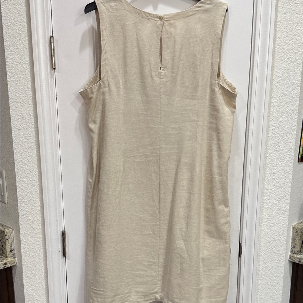 For Cynthia Beige Linen Blend Dress with Colorful Floral Accents - Picture 6 of 7
